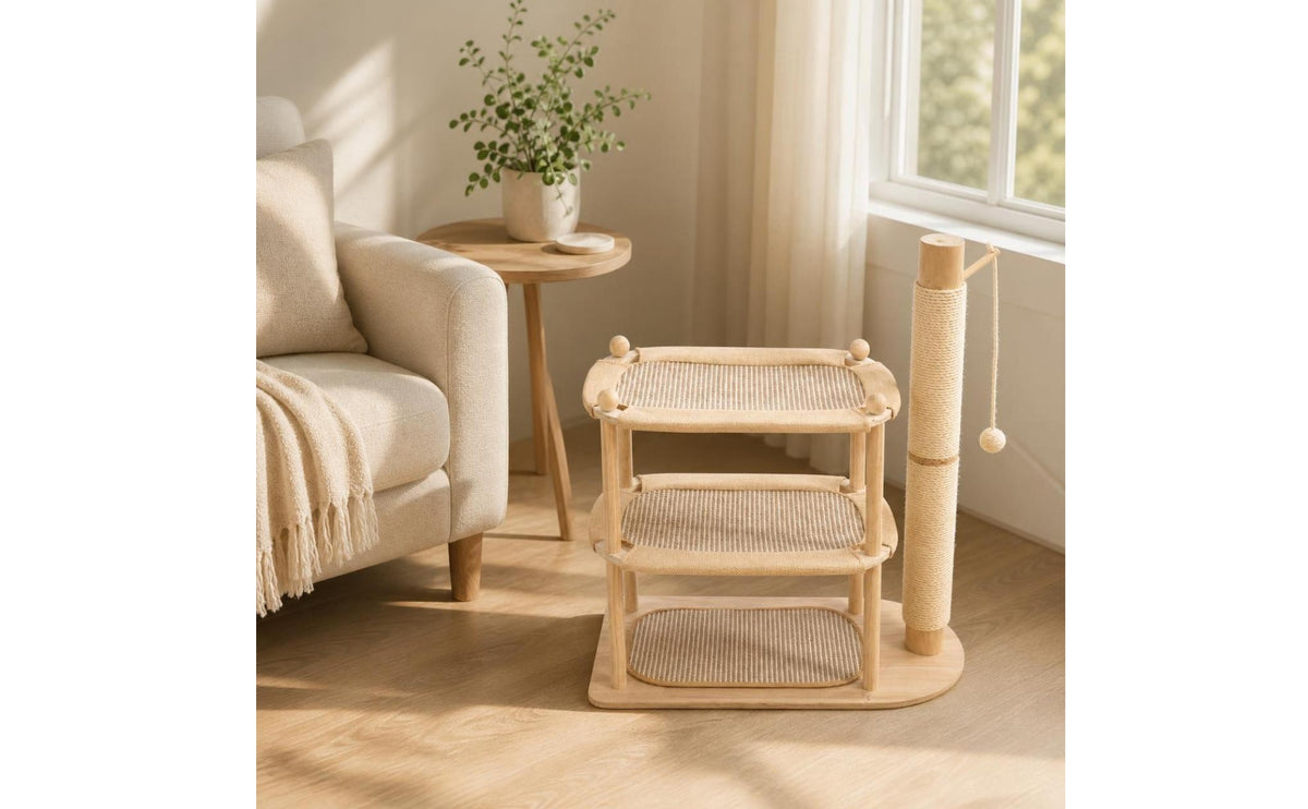 Feline Activity Center with Scratching Surface Multi-Level Wooden Feline Activity Center Sisal-Wrapped Furniture for Cats, Kittens, Living Room
