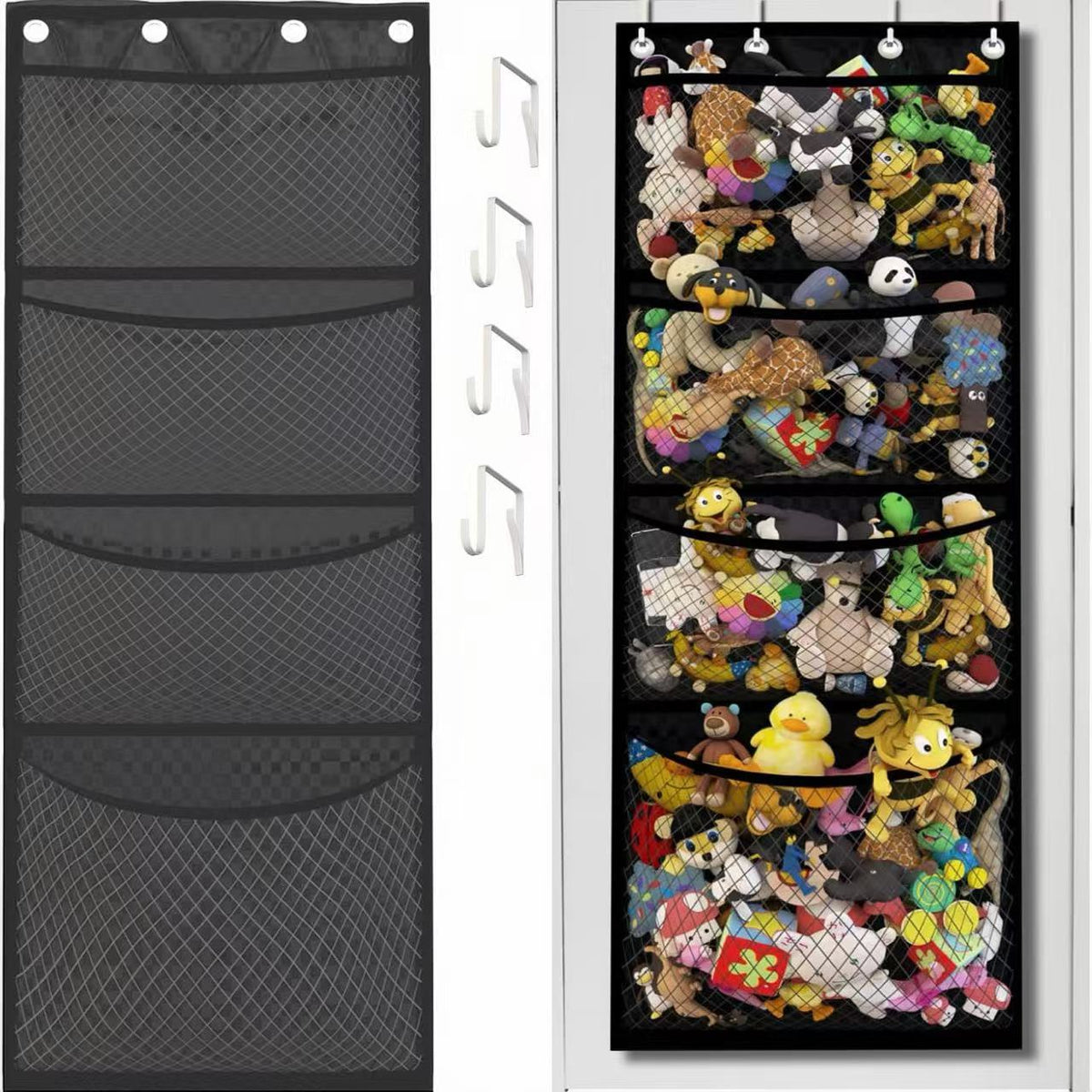 Door Hanging Storage Organizer with 4 Grids, Plush Toy Storage Bag