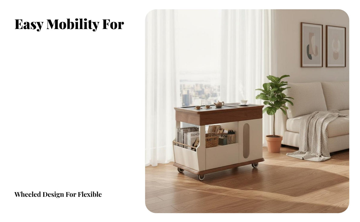 On casters 2-Tier Rolling Trolley Multi-Functional Household Furniture Space-Saving End Table adaptable for tea aficionados, Apartment Dwellers, Living Room, Small areas, Bedroom, Home Office