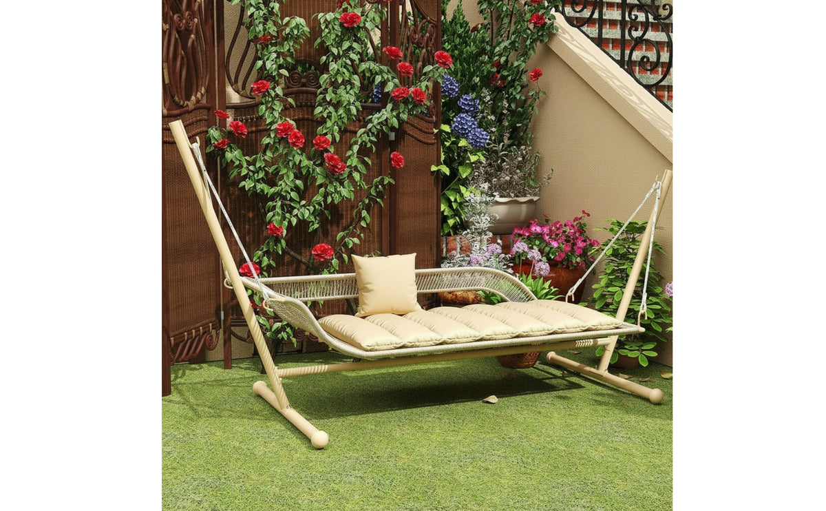 Hanging Swing Chair with Stand Cushioned Outdoor Hanging Chair with Cushion Reclining Furniture for Patio, Garden, Balcony