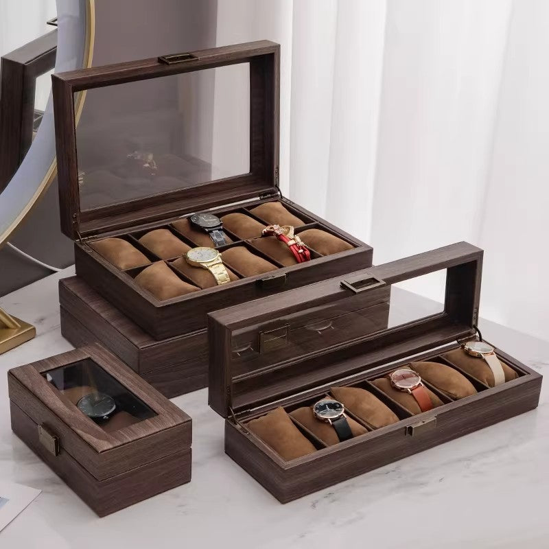 Retro Wood Grain Watch Storage Box with Lid, Multi-Size Display Case