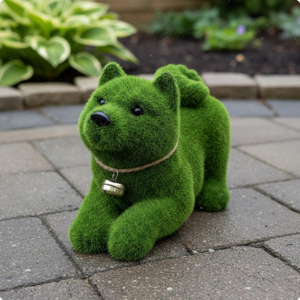 Dog Garden Figurine Outdoor Use Grass-Covered Dog Statue Bell Collar