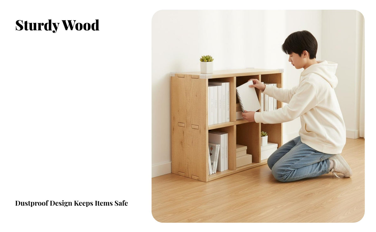Freestanding Solid Wood Grid Cabinet Multipurpose Low Wooden Bookcase Long-Lasting Floor Standing Display Shelf Spacious Design for Students, Homeowners, Office Workers, Study Room, Bedroom, Playroom