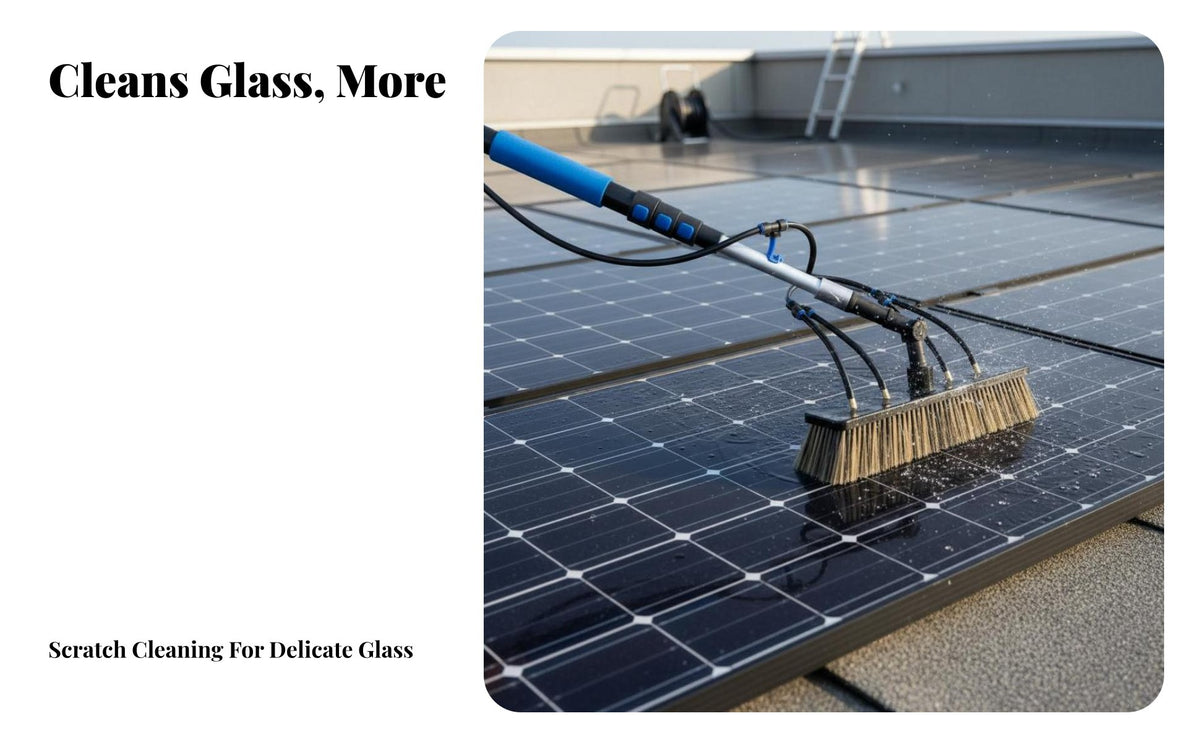 Soft Bristles Solar Panel Cleaning Set Lightweight Aluminum Alloy Telescopic Solar Panel Cleaner Adjustable Angle Head Water Fed Pole Brush Kit Multi-Purpose Attachments for Professional Cleaners, Maintenance Team, RV Owners, Panes, Rooftop, Roofs, RVs