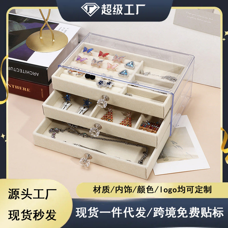 Three-Layer Flannel Jewelry Storage Box with Drawer