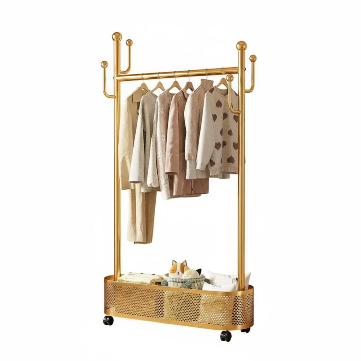 Rolling Clothes Rack with Storage Basket Cream Aesthetic for Cloakroom