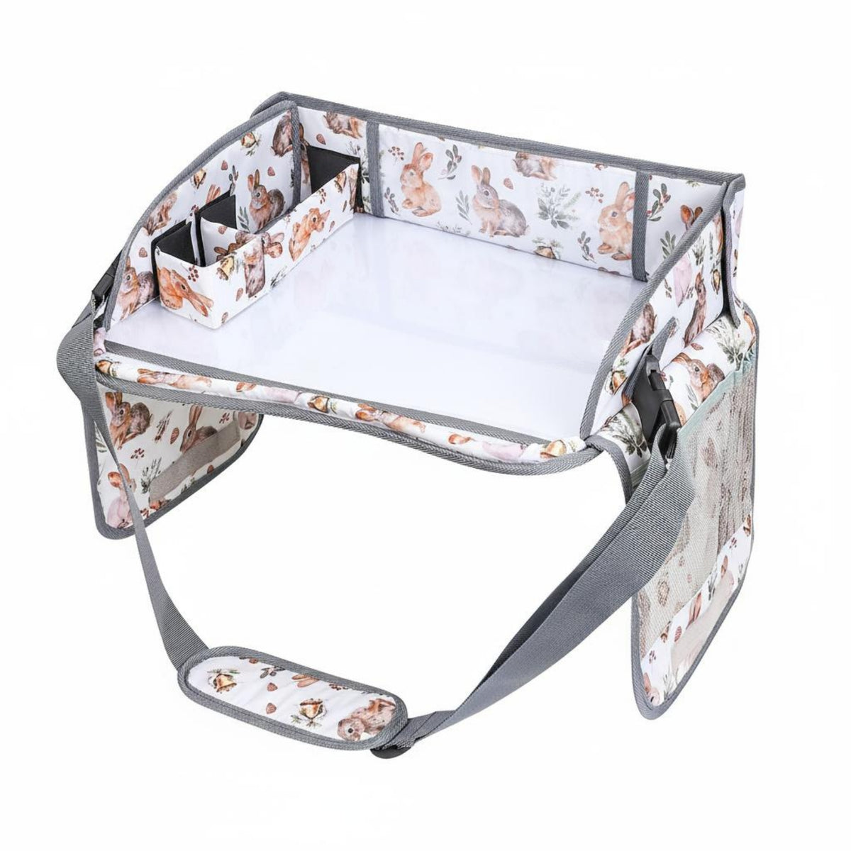 Rabbit-Themed Car Seat Activity Tray Adjustable Straps Kids Travel Tray Storage Pockets Travel Drawing Board Raised Side Walls