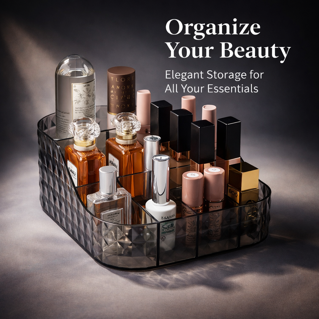 Cosmetic Organizer with Clear Acrylic Compartments, Diamond Pattern Design for Bathroom Counter, Transparent Storage Box for Vanity
