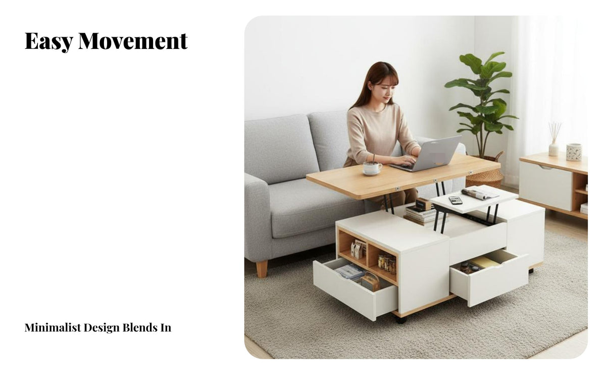 2-in-1 Design elevatingTop Coffee-to-Dining Table Space-Saving elevatingTop transformable Table Height-Adjustable Living Room Furniture Mobile with casters for Apartment Dwellers, Small Families, Remote Workers, Studio Flat, Home Office
