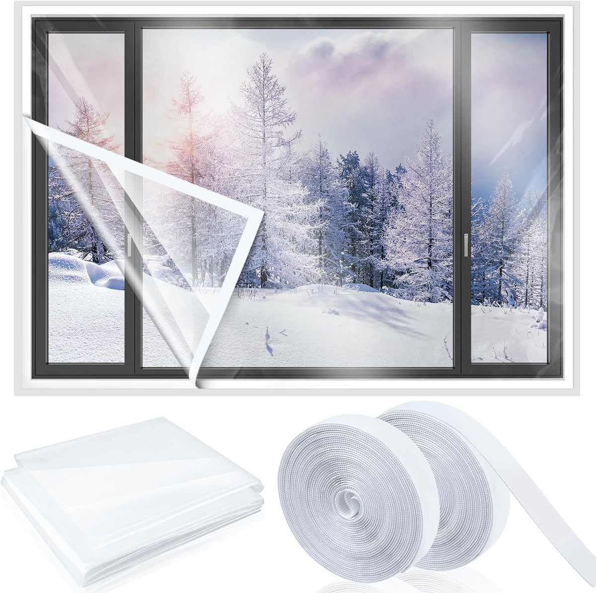 Thickened Window Insulation Film with Adhesive Velcro, Cuttable Transparent Film, Winter Cold Protection, Reusable