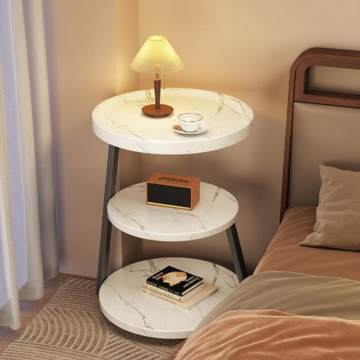 Curved Designd Nightstand Space-Saving Side Table Rounded Corners for Small areas