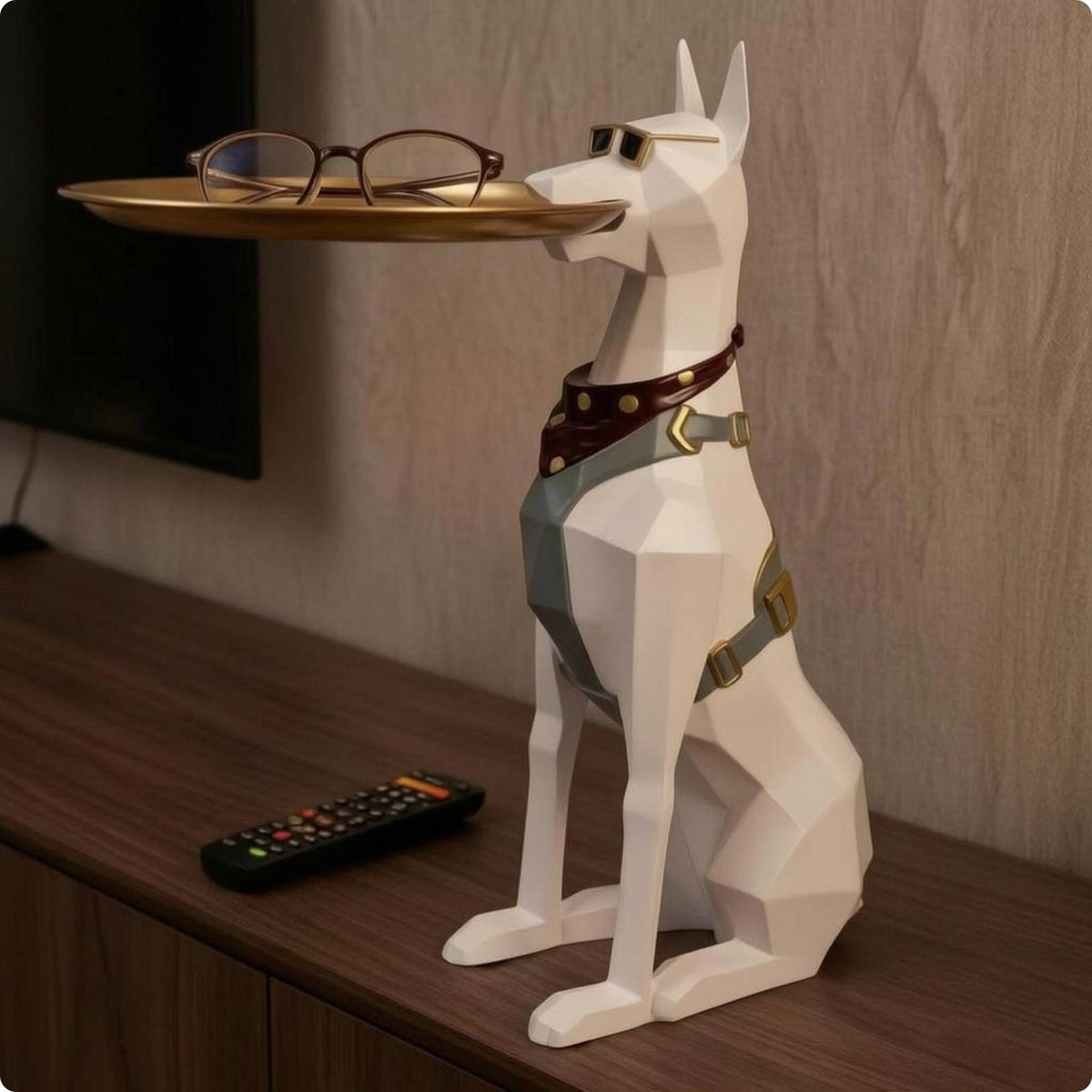 Gentleman Dog Figurine Gold Accent Black Dog Tray Statue Resin for Living Room