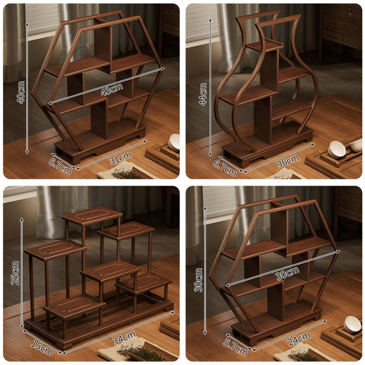 Small Desktop Tea Ware Rack Exposed Design Wooden Curio Shelf Heavy Duty