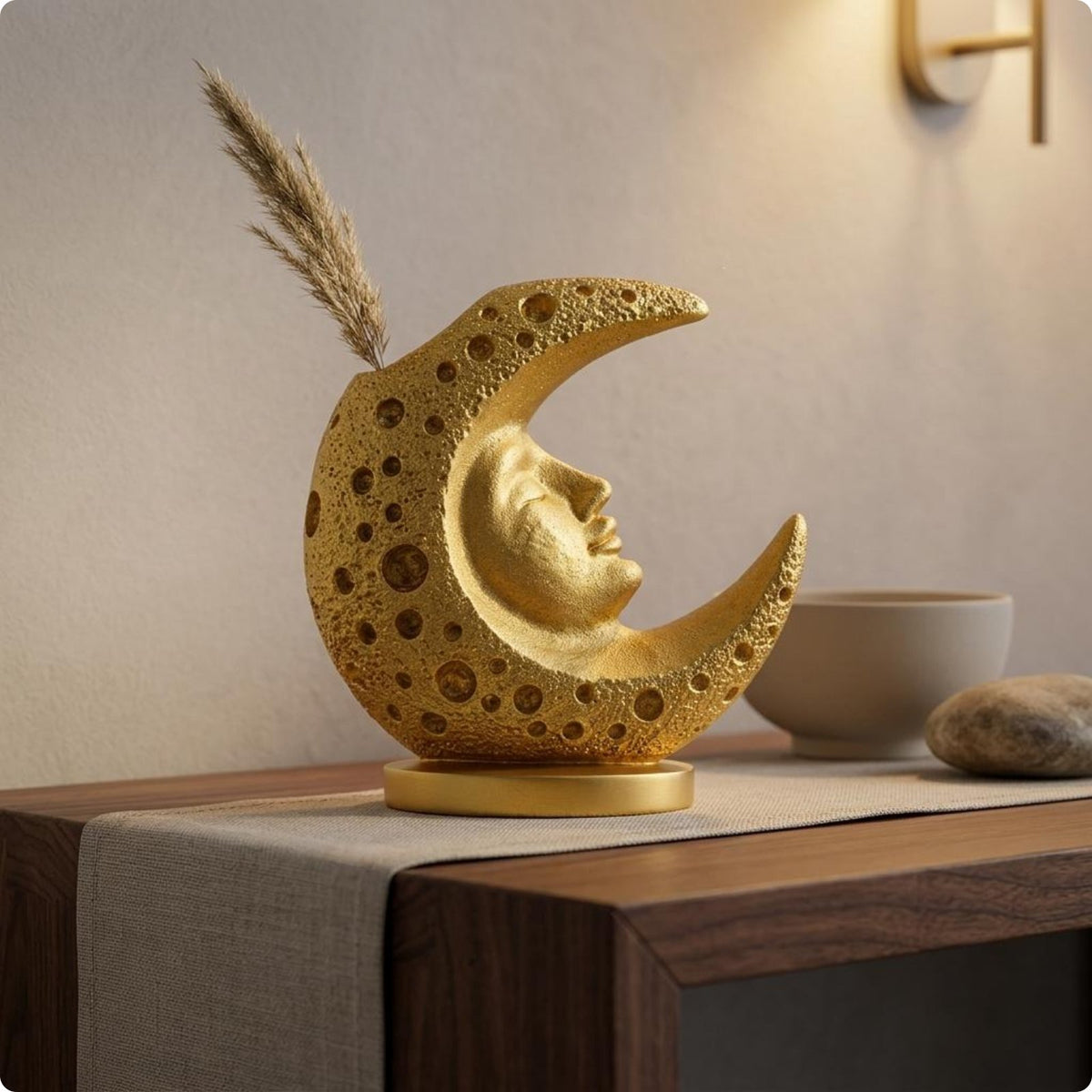 Moon Resin Vase Statue Design Home Decor Gold Finish for Living Room, Office