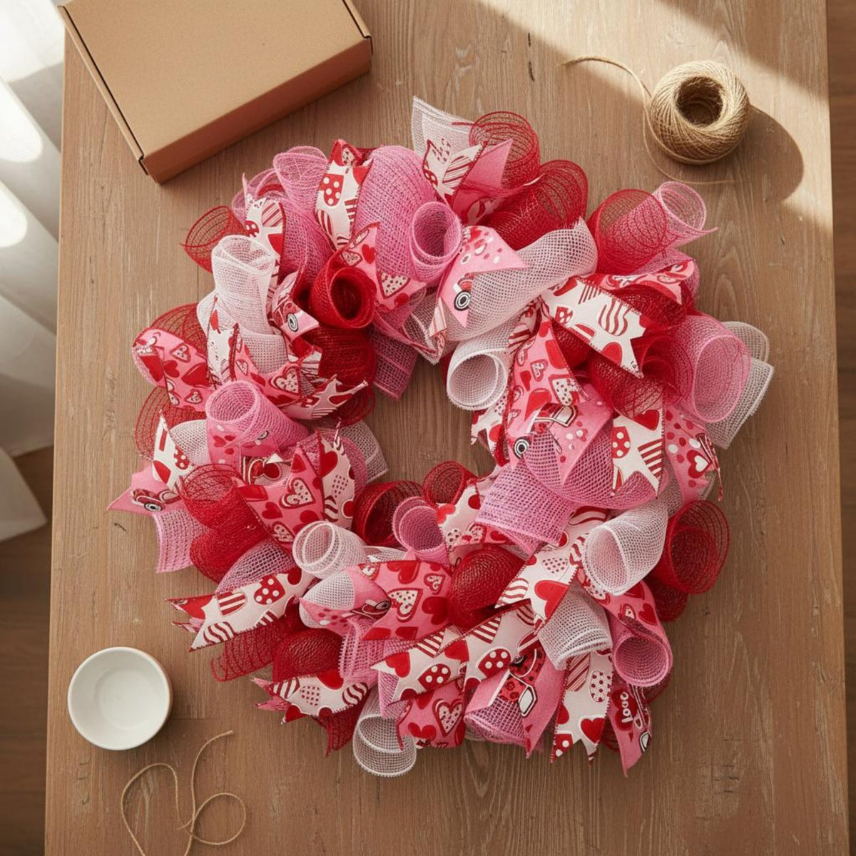 Valentine Wreath Shape-Holding Pink Ribbon Wreath Glittery for Door, Window