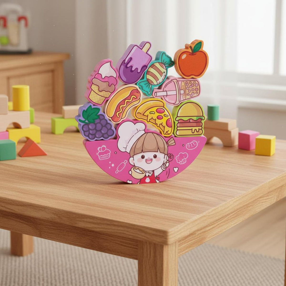 Wooden Food Stacking Toy Promotes Brain Development Wooden Building Toy Smooth Rounded Edges Culinary Stacking Game for Young Children, Preschoolers