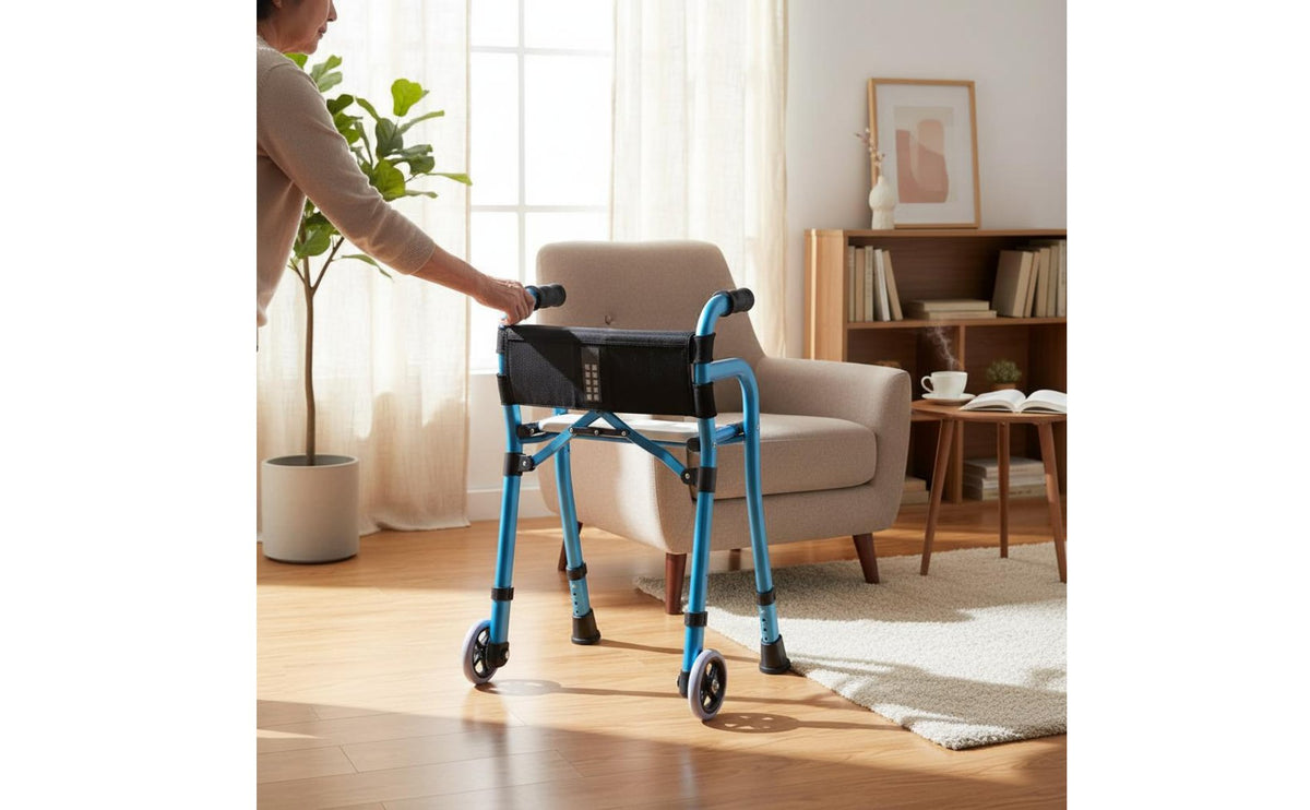 Foldable Portable Walking Mobility Aid Rolling Support Storage Bag Wheeled Mobility Support with Seat Sturdy Aluminum Frame for People, Rehabilitation