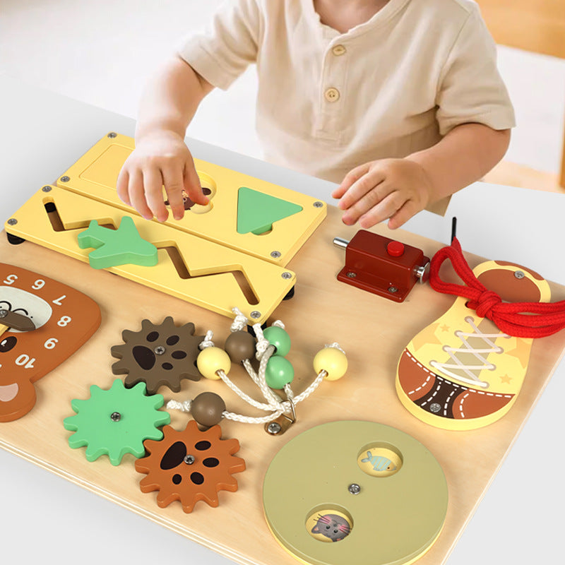 Wooden Montessori Busy Board for Kids - Hand-Eye Coordination and Shape Recognition
