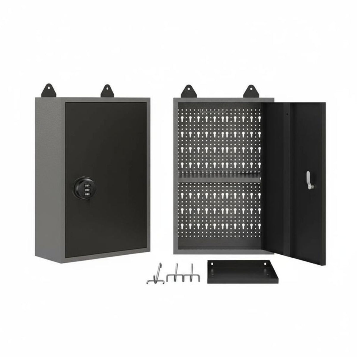 Lockable cabinet with adjustable shelves.