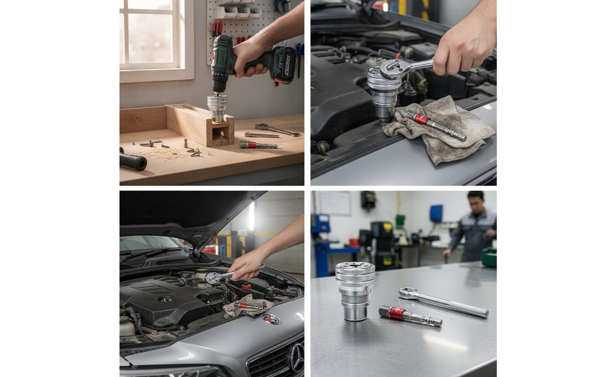 3 Pieces Knurled Socket Wrench with Adapter Chrome-Finished Ratchet Handle with Socket High-Strength Tools Compact for DIYers, Mechanics, Home Maintenance, Garage, Tight Areas