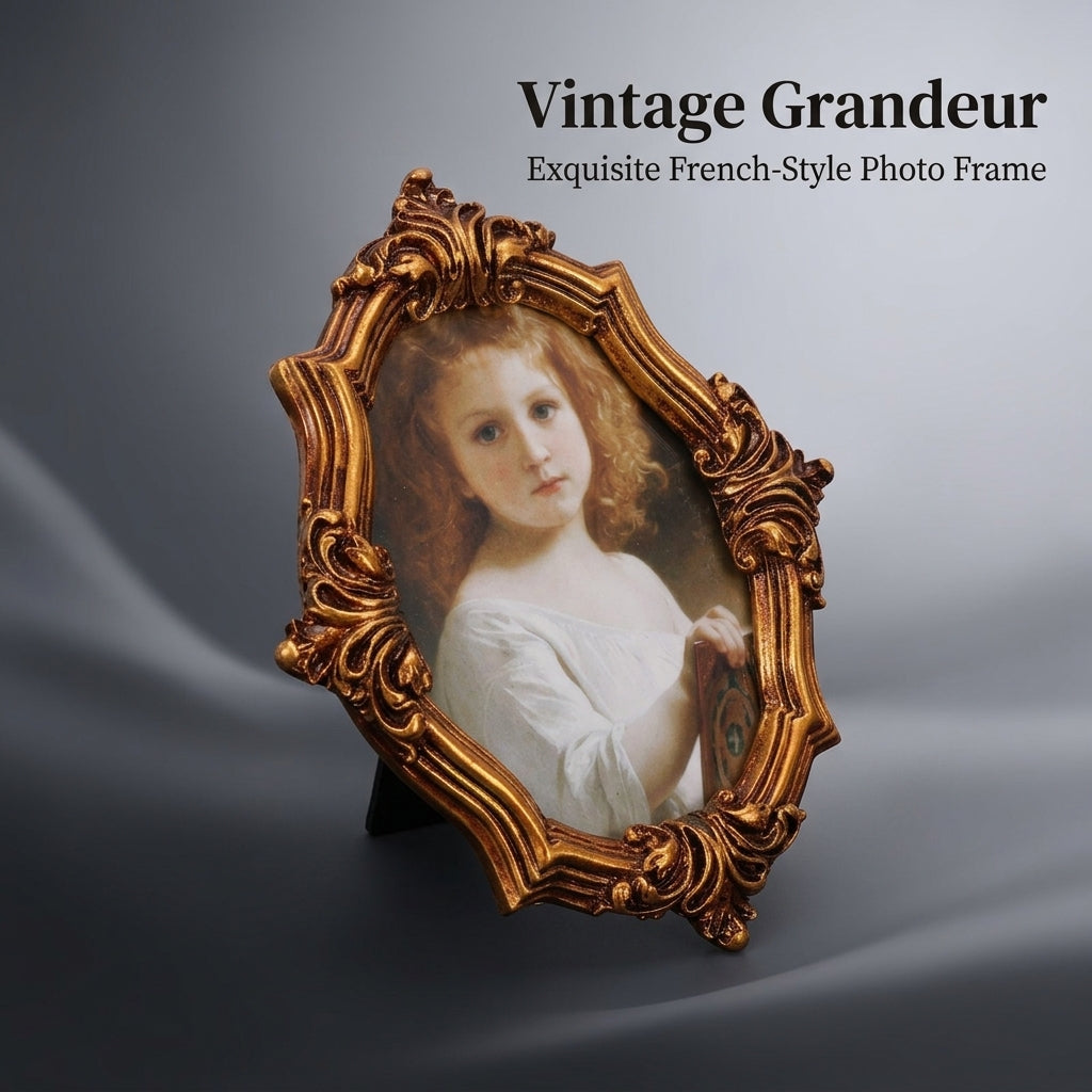 Photo Frame with Vintage Oval Shape Design for Living Room Decor, Resin Material Picture for Tabletop Display, French Style