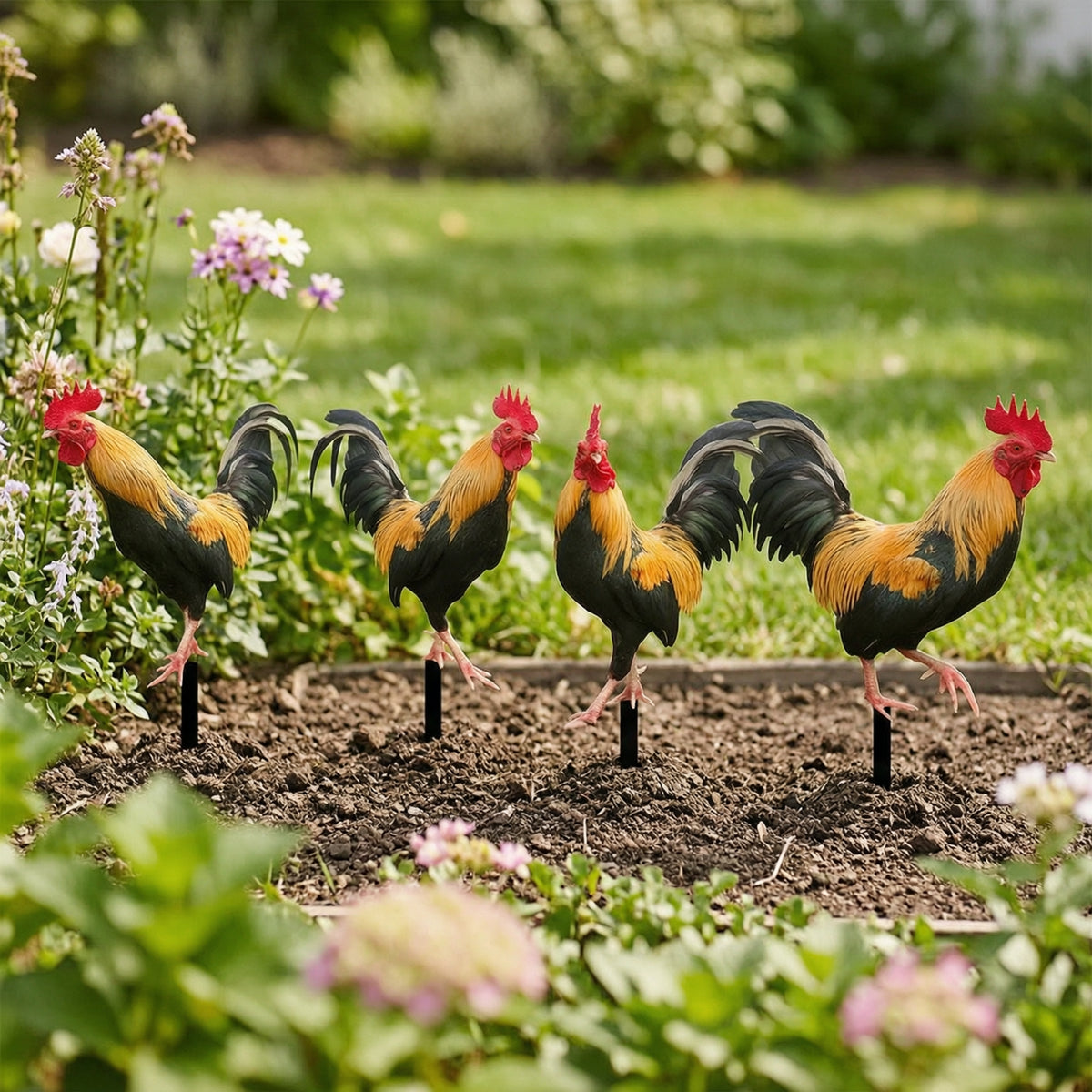4 Pieces Double-Sided Acrylic Garden Sign with Stake Decorative Rooster Garden Stake Flat-Cut Rooster Sign Sturdy for Gardeners, Homeowners, Lawn, Flower Beds, Pathway