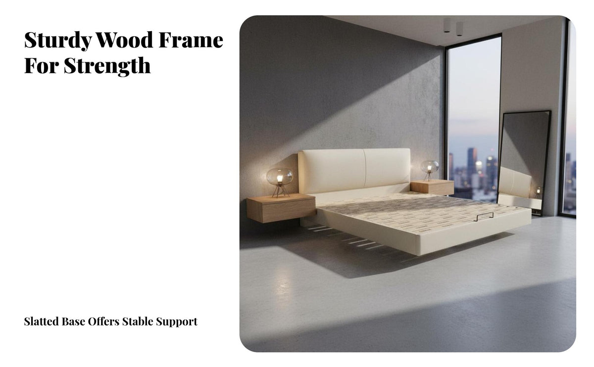 Modern Minimalist design aesthetic elevated Bed Frame Padded Soft Headboard Upholstered Bedstead Slat support system System Bedroom Furniture without a box foundation foundation Needed for pairs, Interior Design lovers, homeowners, Apartment, Guest Room