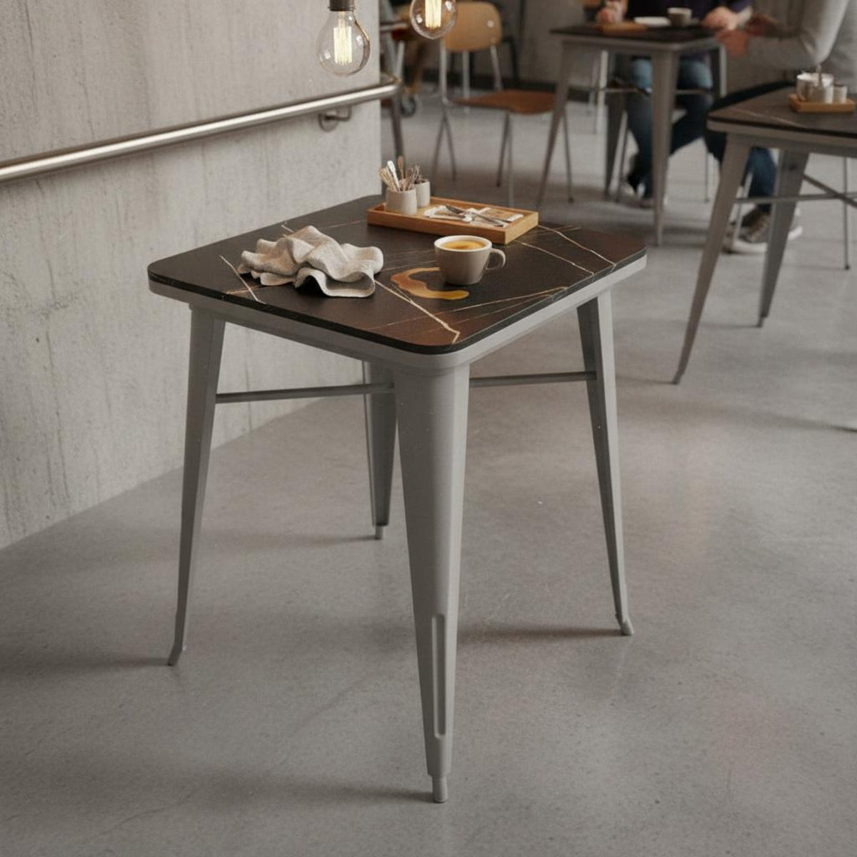 5 Pieces Industrial Dining Set Scratch Resistant Sintered Mineral Table and Chair Set Sturdy Construction Square Table Pre-assembled Style Suitable for Interior Designers Bar Commercial Spaces Modern Cafes Taverns