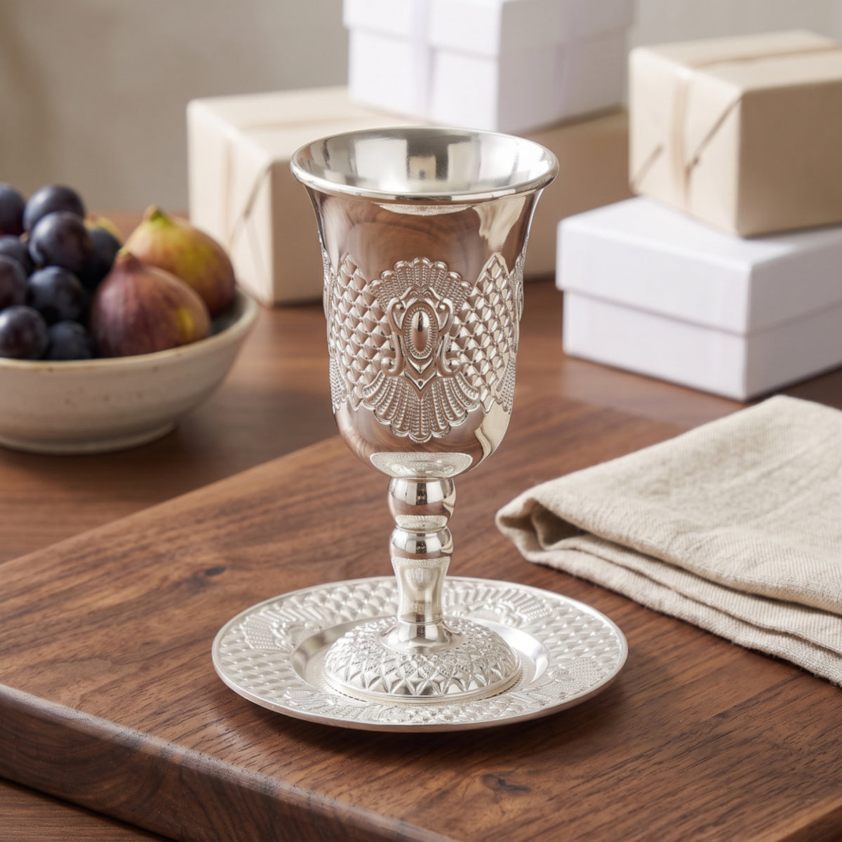 Silver-Tone Cup and Saucer Set Ornate Goblet with Saucer Embossed Chalice Vintage-Style for Hosts, Collectors, Tea Parties, Home Entertaining, Display Cabinets