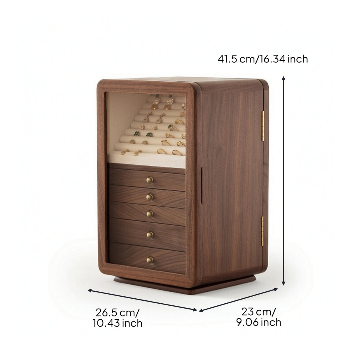 Jewelry Box with Glass Door Walnut Rotating Jewelry Organizer Cabinet-Style Furniture for Vanity, Bedroom