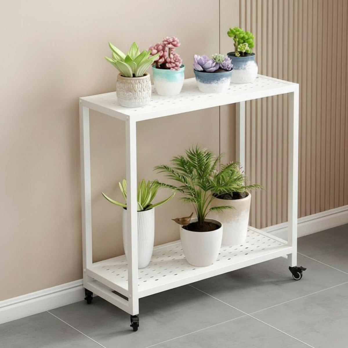 2-Tier Rolling Plant Stand Floor-Standing Flower Rack Large Capacity for Balcony