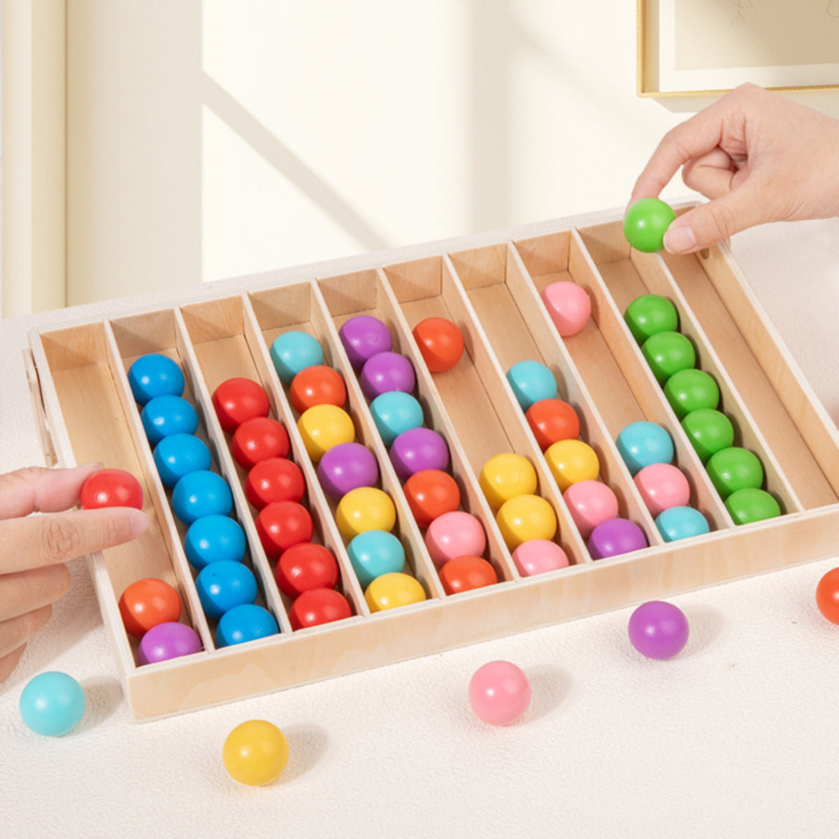 Raised Sides Wooden Color Sorting Game Divider Channels Wooden Ball Sorting Game Fine Motor Skills Learning Toy