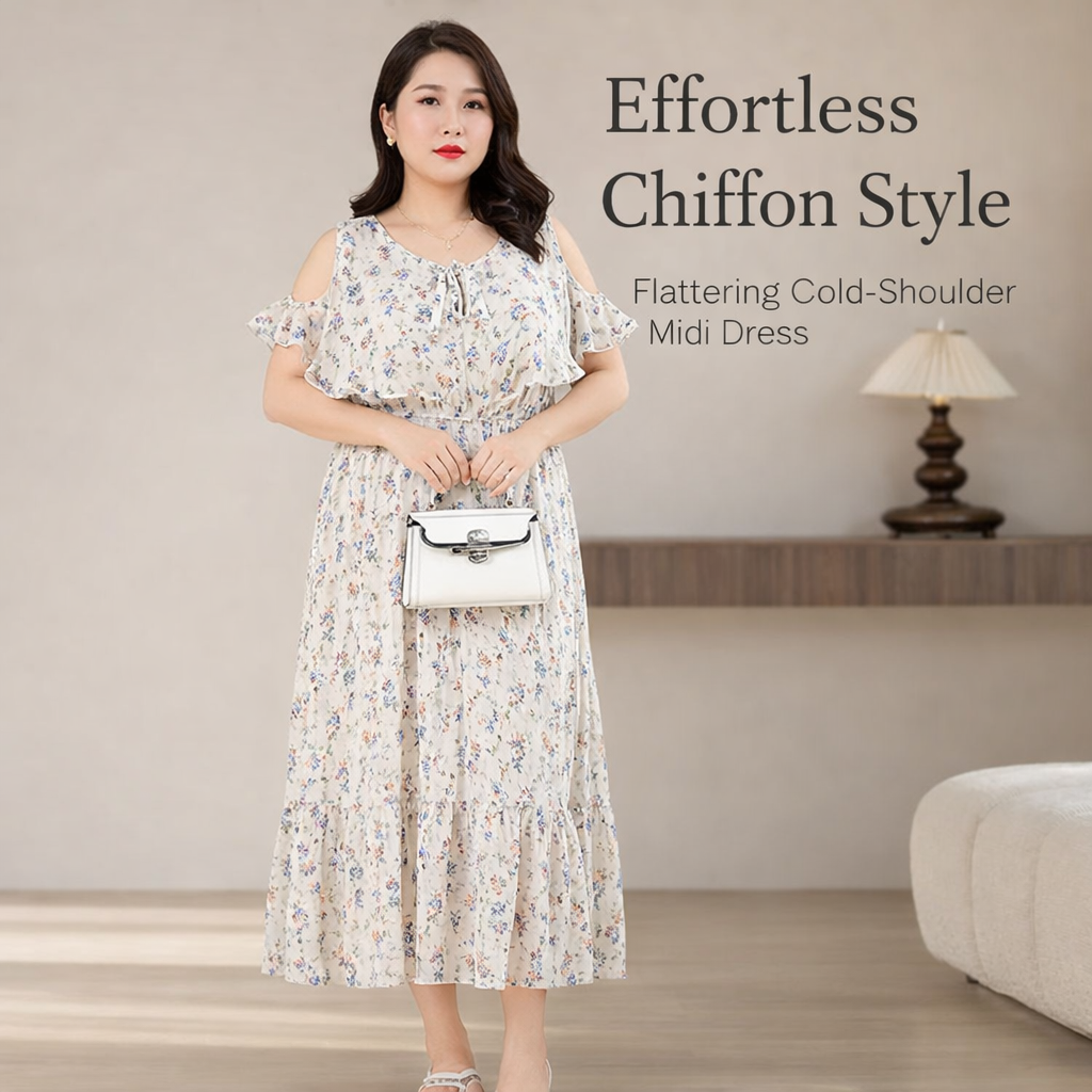 Summer Dress for Plus Size Women with Off Shoulder Neckline, Floral Midi in Sheer Fabric for Casual Wear