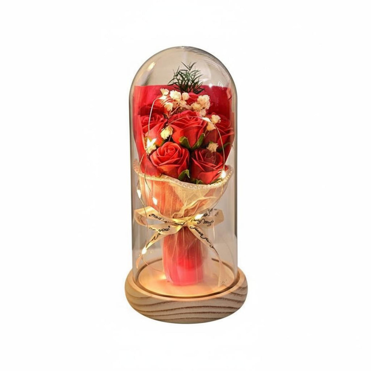 Romantic Gift Blossom Arrangement Glass Dome Long-Lasting Blossom Glass Dome Lamp Hand-Assembled Lighted Flower Cloche Dustproof Cover for Mom