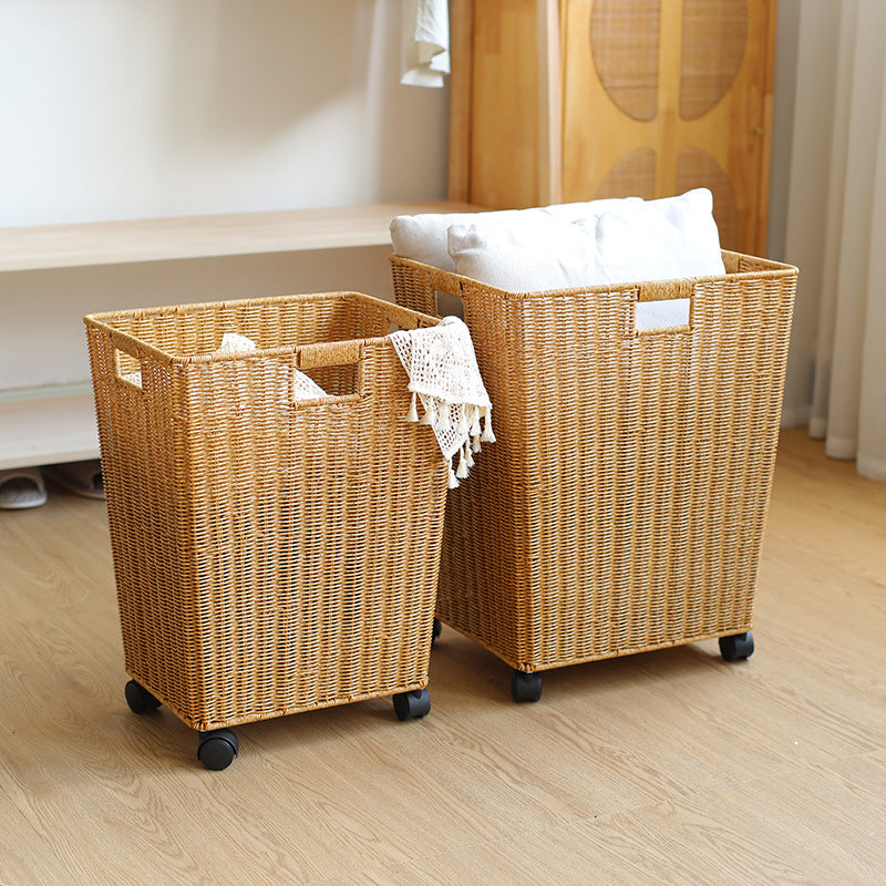 Large American Style Laundry Hamper with Wheels, Light Luxury, Wicker Look, Plastic, for Bathroom