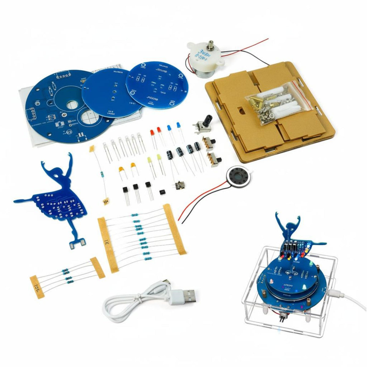 USB Powered DIY Electronic Music Box 7-Color Flashing LEDs Rotating Ballerina Music Box 6 Built-in Melodies Soldering Project Adjustable Rotation Speed for Hobbyists, Beginners