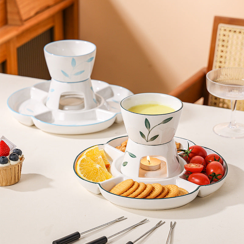 White Ceramic Chocolate Fondue Set with Burner, DIY Cheese Fondue