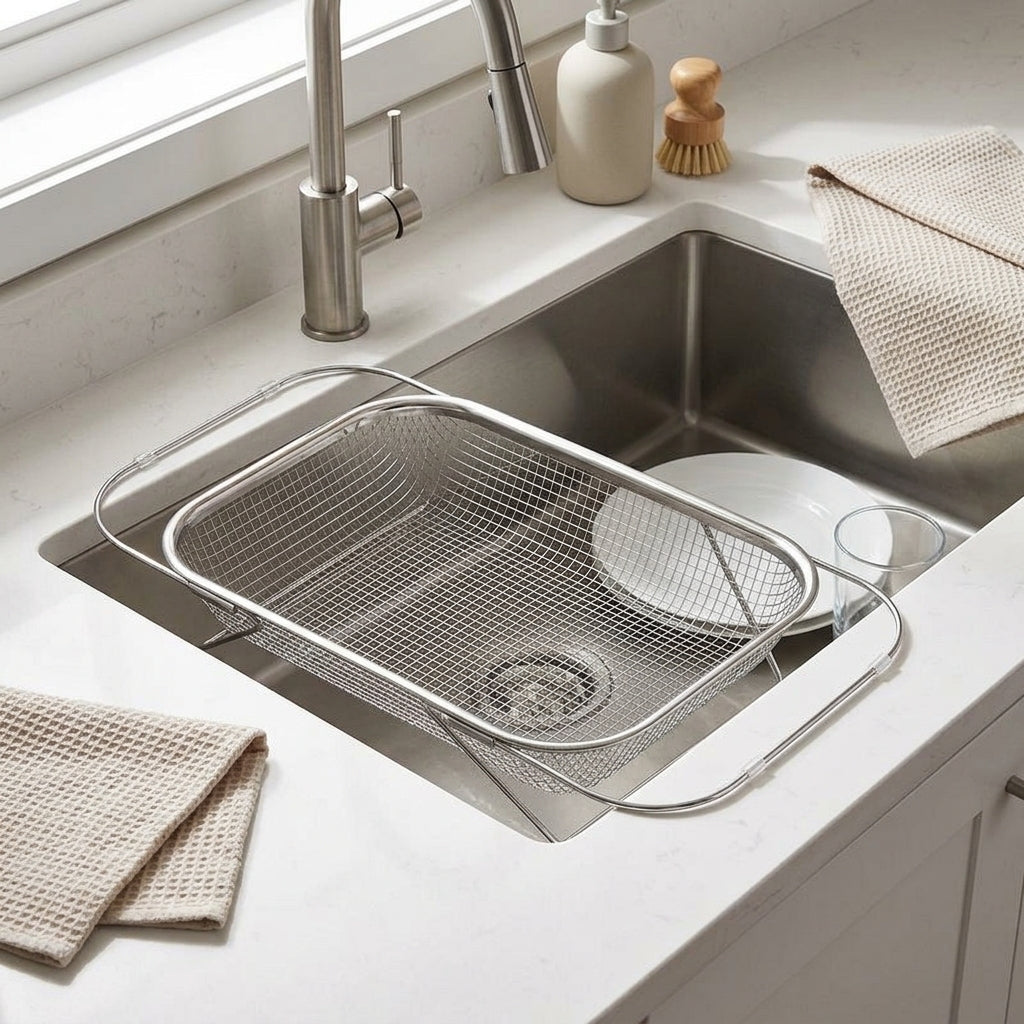Stainless Steel Colander Retractable Sink Basket, Fine Mesh Kitchen Sink Colander Over Sink for Vegetables Fruits, Extendable Colander Basket