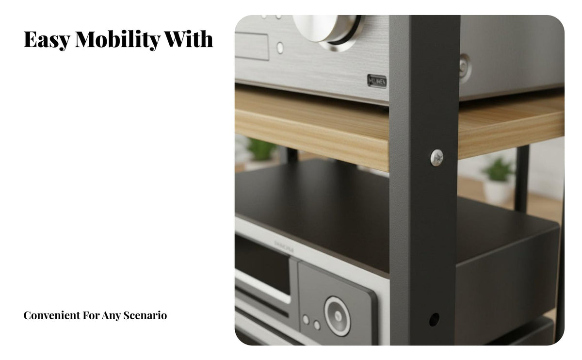 With Wheels Multi-Layer High-Fidelity Rack Ventilated-Air Design Mobile Audio Equipment Stand Heavy Duty Rolling Amplifier Cabinet Thick Steel Frame for Audiophiles, Home Theater Enthusiasts, Living Room, Study