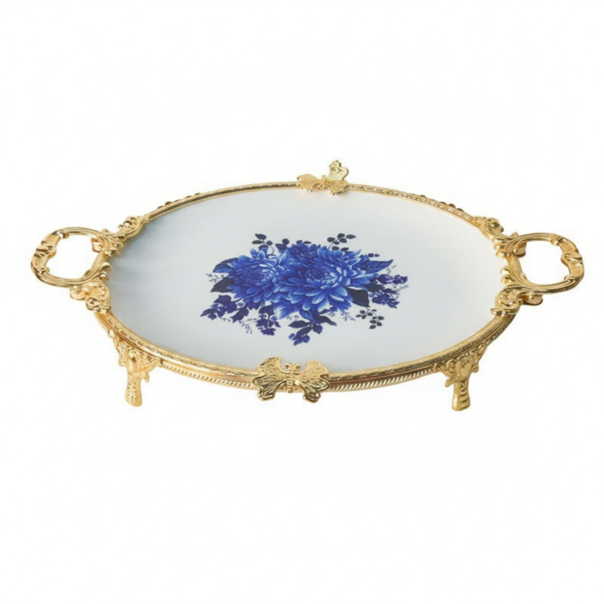 Ceramic Platter with Metal Frame Elegant Serving Tray with Handles Serving Platter for Dining Table