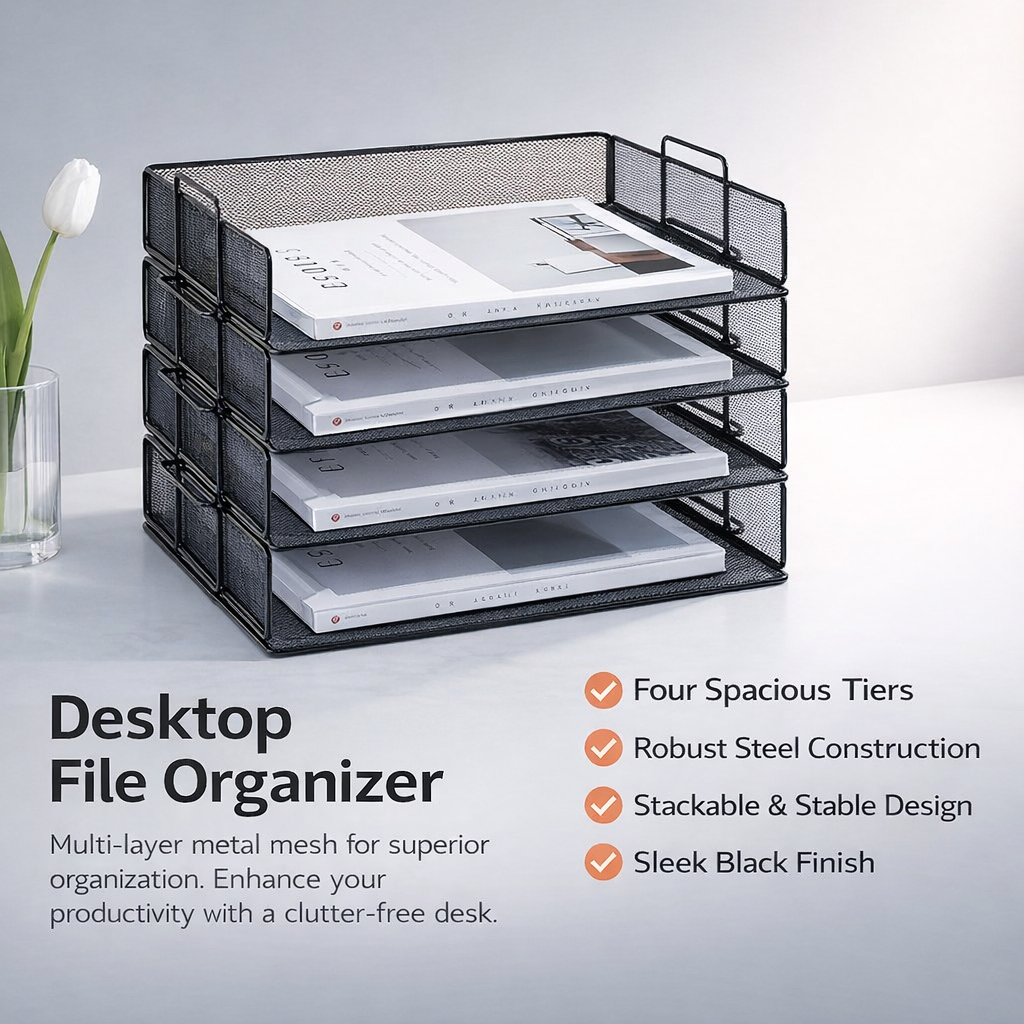 4 Tier Metal Mesh Desktop Organiser with Pen Holder, Office Desk Tray for Document Filing, Horizontal File Organizer for Home