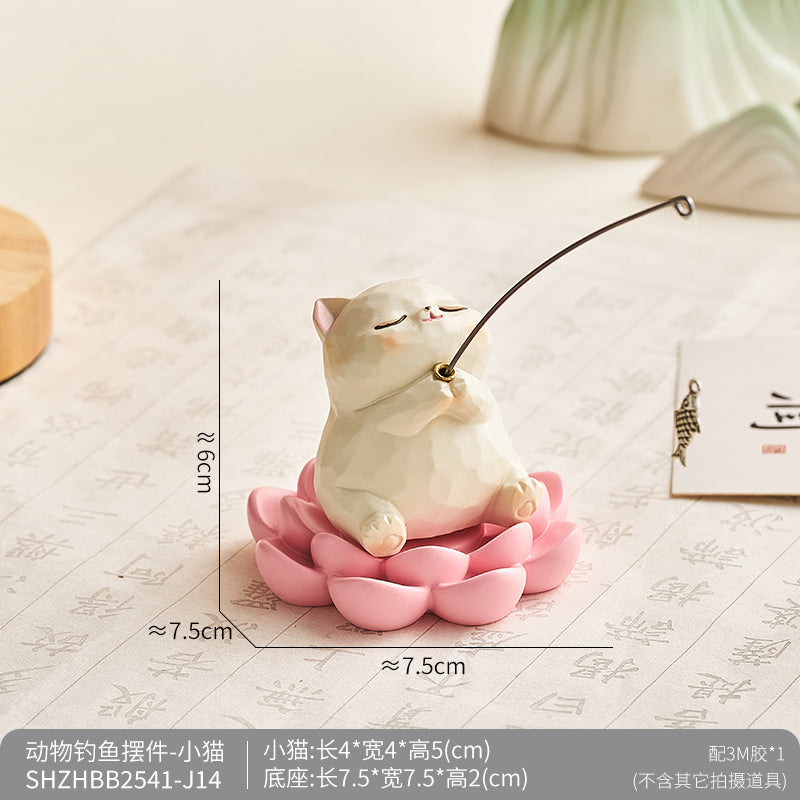 小猫钓鱼鱼缸造景工位改造摆件玄学好物办公室桌面解压装饰品礼物