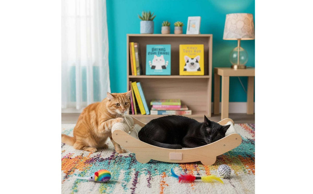 Wear-Resistant Wooden Cat Scratcher Lounge Non-Shedding Curved Cat Scratching Bed 2-in-1 Design Pet Furniture Space Saving for Cats, Kittens