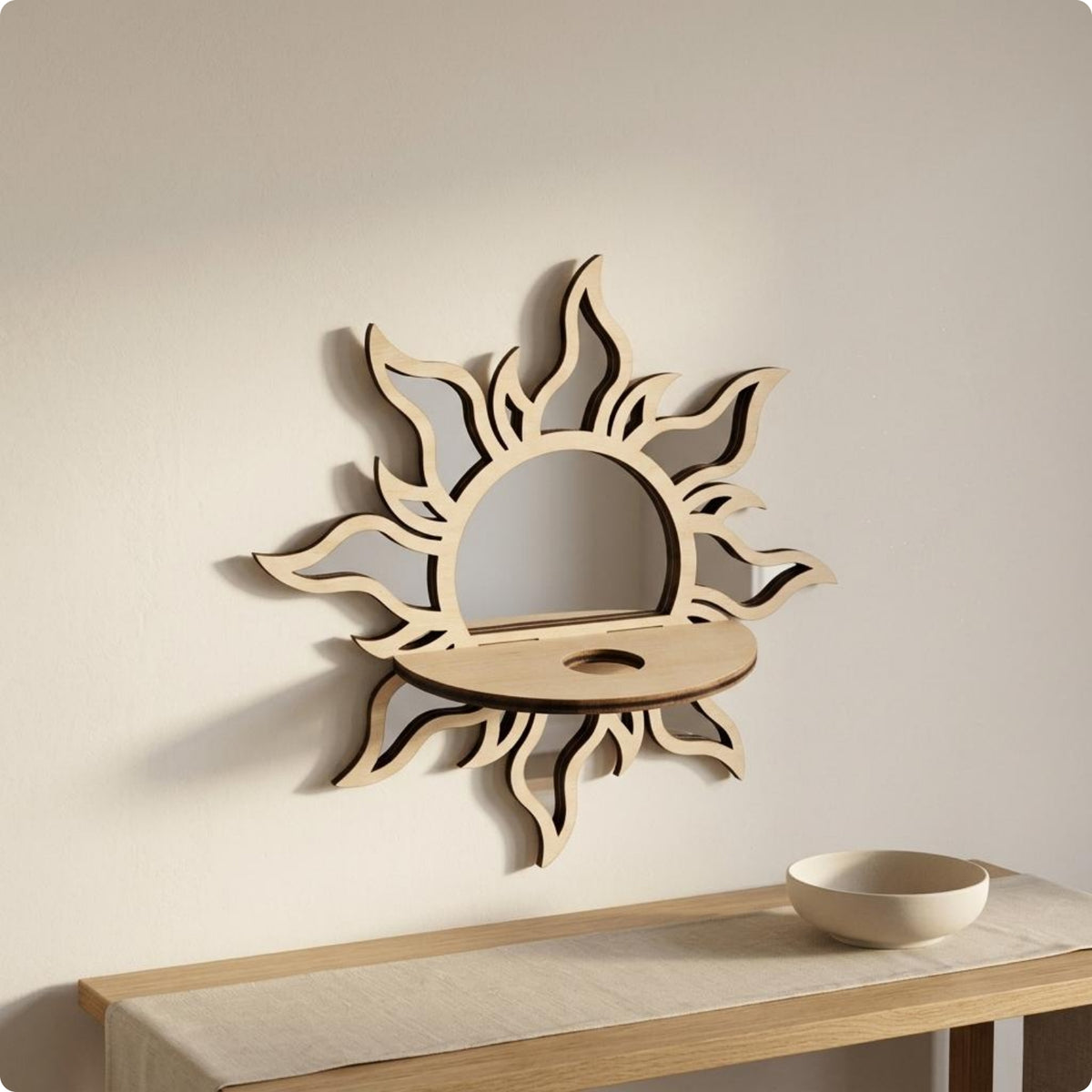 Wooden Cumulus Mirror Plant Holder Sun Wall Planter Rustic Design for Bedroom