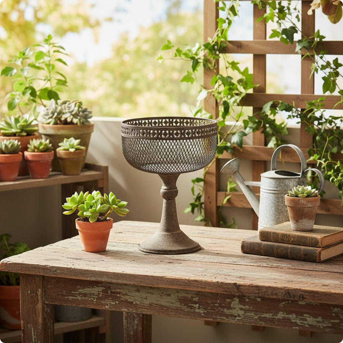 Decorative Iron Planter Bowl Shaped Pedestal Planter Raised Residence Style Decoration
