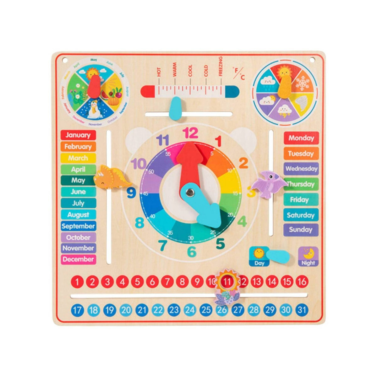 Multicolor Child-Centered Calendar Clock Board Movable Hands Wooden Calendar Clock Board Sliding Parts Educational for Preschoolers, Kids