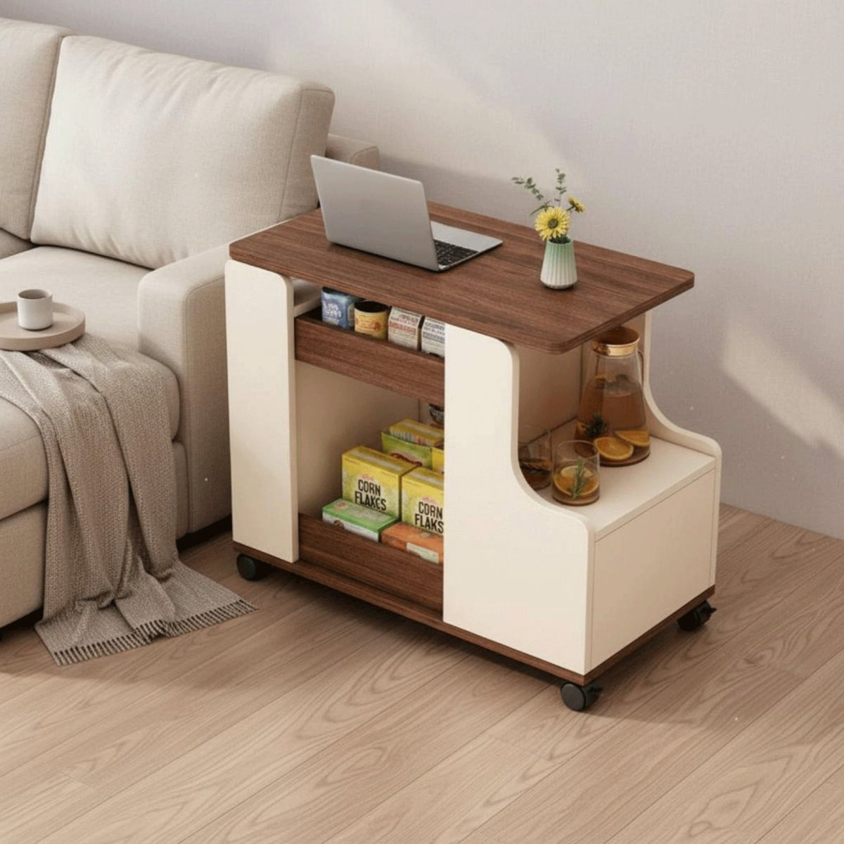 Elevating Top End Table Space Saving Design Rolling Sofa Side Table Versatile Swivel Top Storage Cart for Students, Adults, Living Room, Bedroom