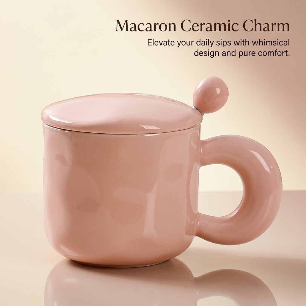 Macaron Ceramic Mug with Lid and Spoon, 400ml Pastel Color Tea for Girls, Large Coffee for Office and Home Use