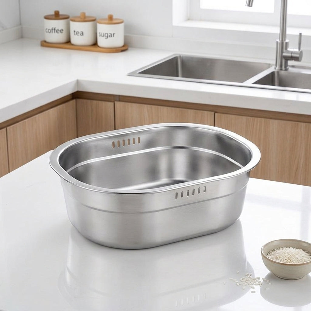 Rice Washer and Strainer Bowl Set, Stainless Steel Deepened Washing Basin with Flat Bottom, Oval Mixing Bowl for Pasta Spaghetti, 2 Pack Units