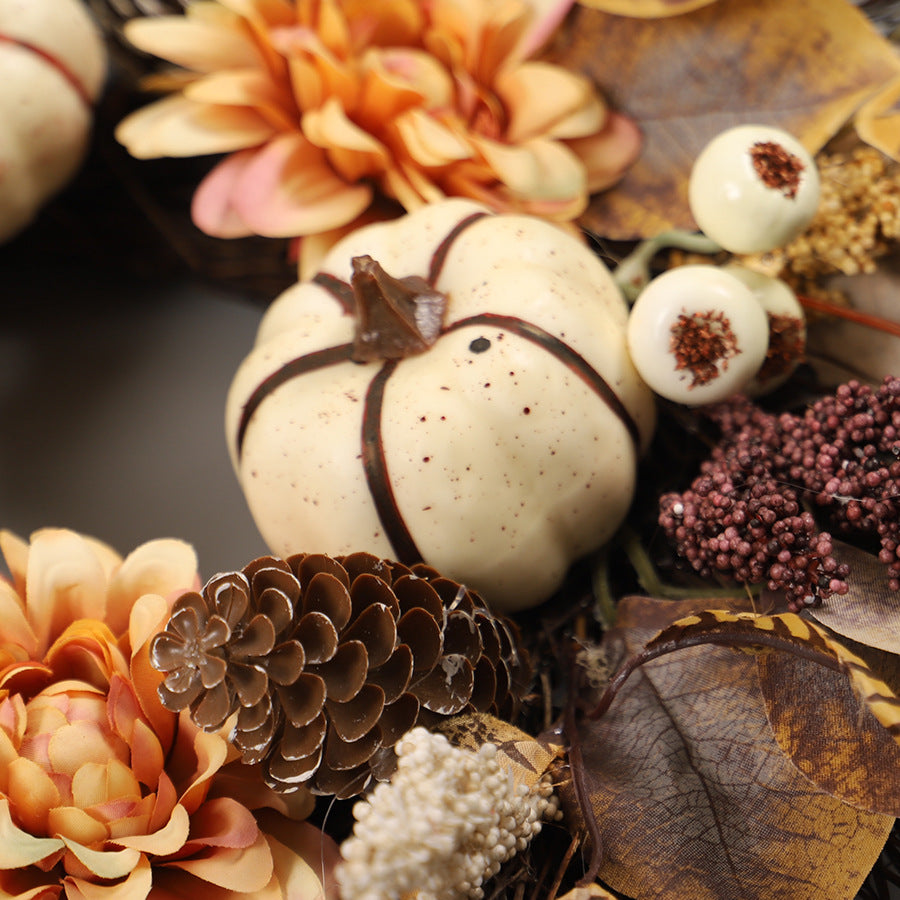 Thanksgiving Wreath with White Pumpkin and Maple Leaves for Front Door